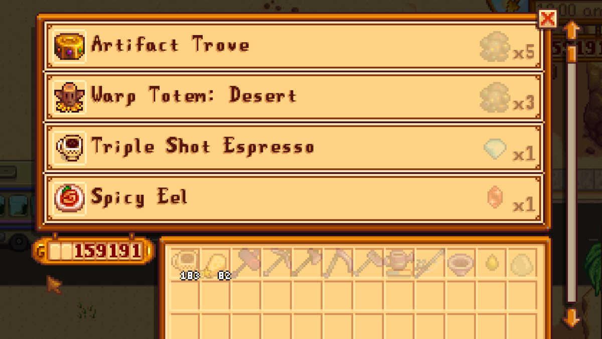 Items sold at the Desert Trader in Stardew Valley