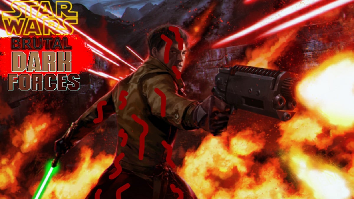 Doom 2: A Star Wars Dark Forces image, which shows a character firing a gun towards the camera, as they are engulfed in flames.