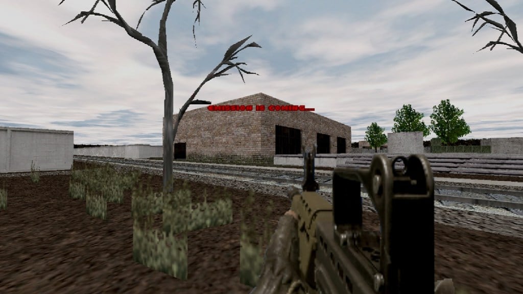  a gray image showing the player holding on a bleak road, as they look towards a deserted building.