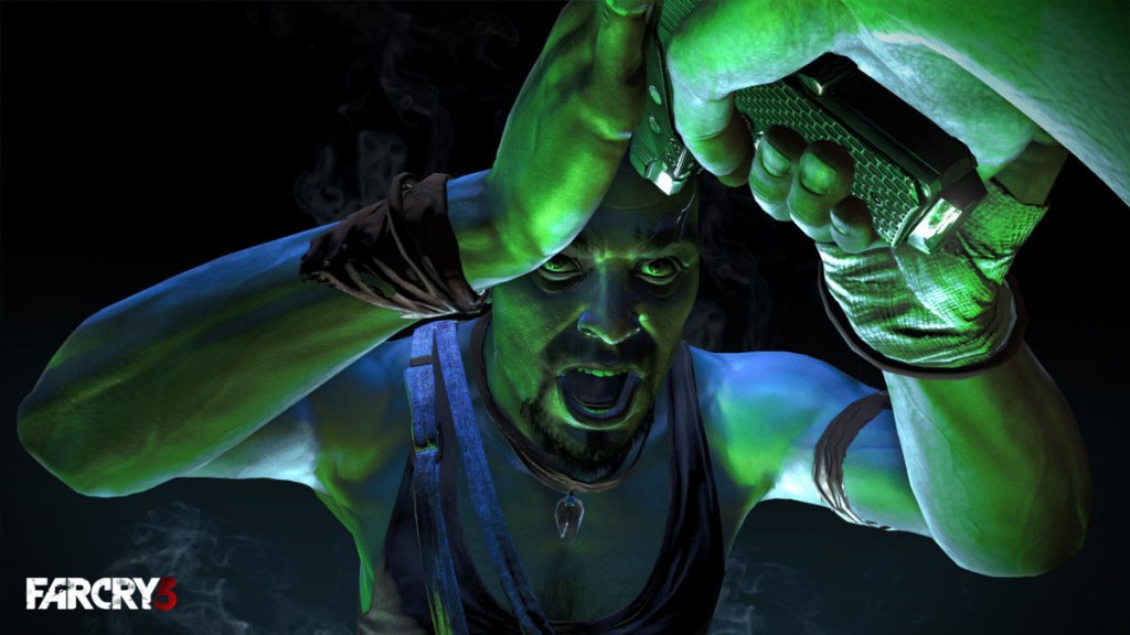 Vaas holds a gun to his head in Far Cry 3