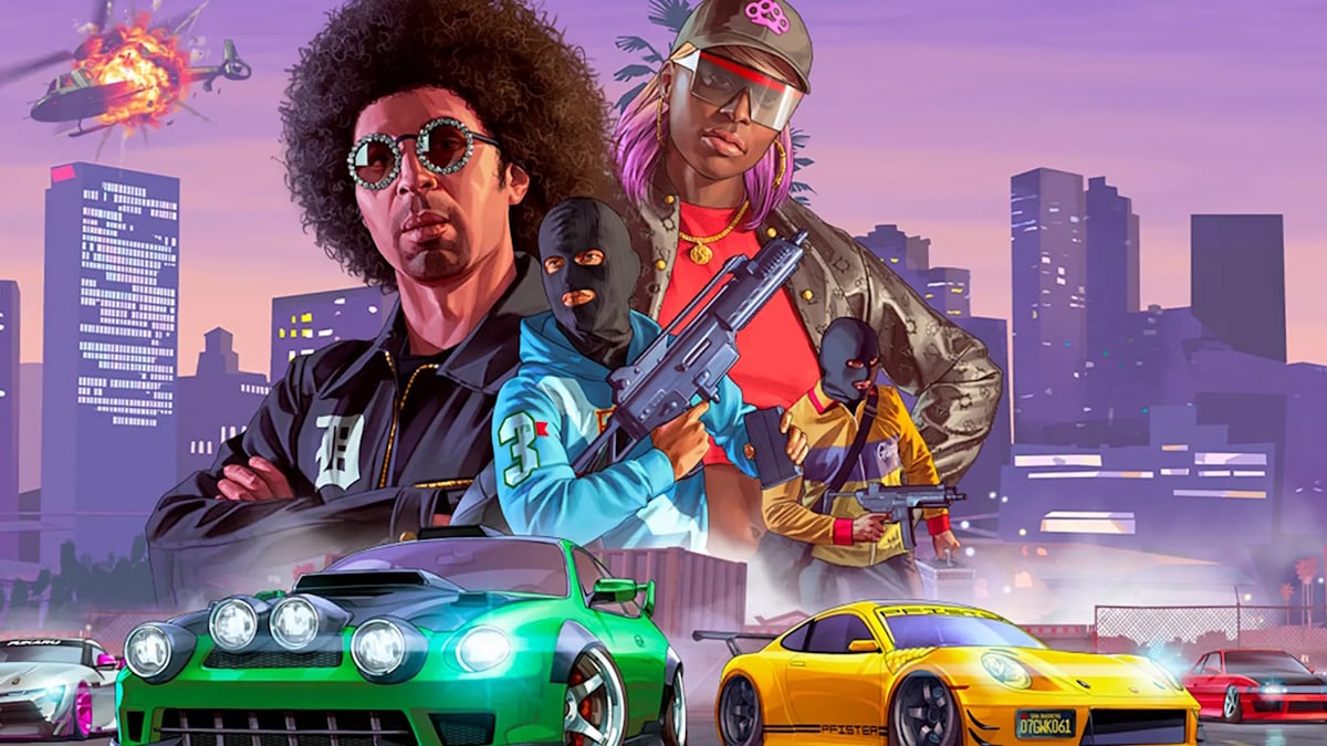 A collage of GTA Online characters and cars