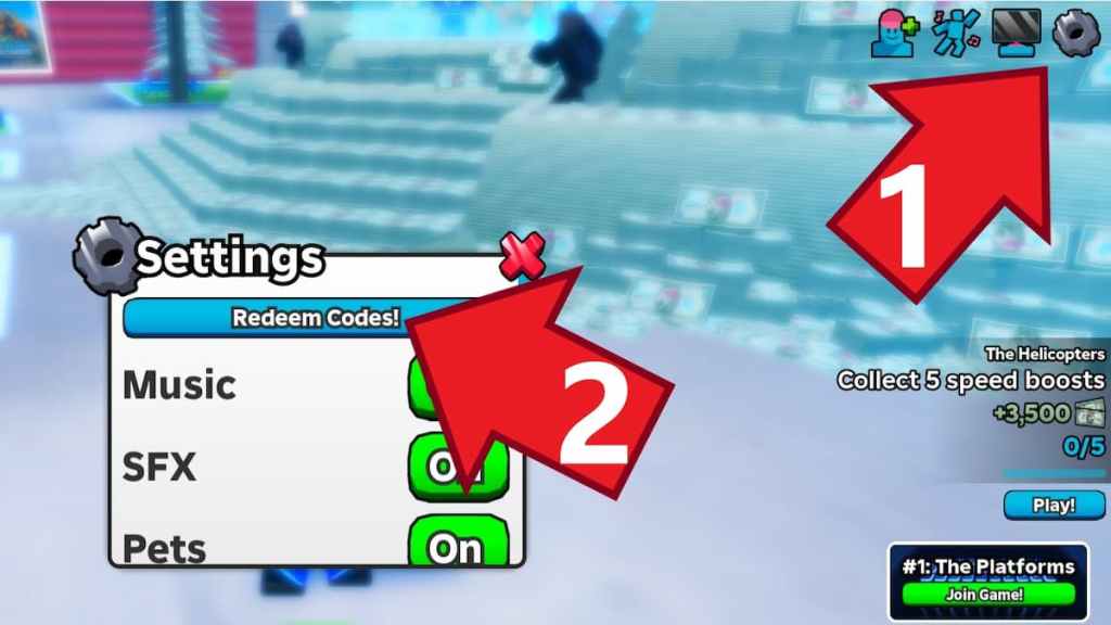 Beast Games Settings button, the Settings menu and the Redeem Codes button