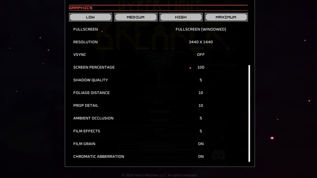 A screenshot of Hyper Light Breaker's graphics menu on PC.