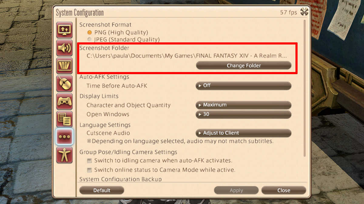 Where to change the screenshot folder in FFXIV