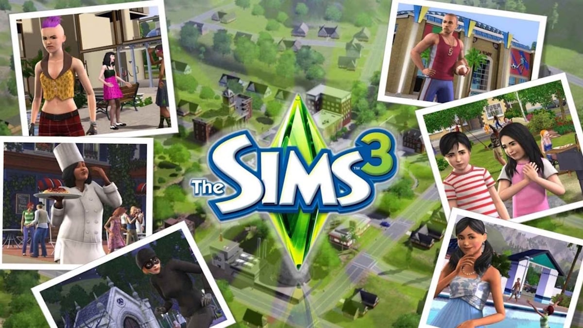 The Sims 3 logo surrounded by snapshots from gameplay