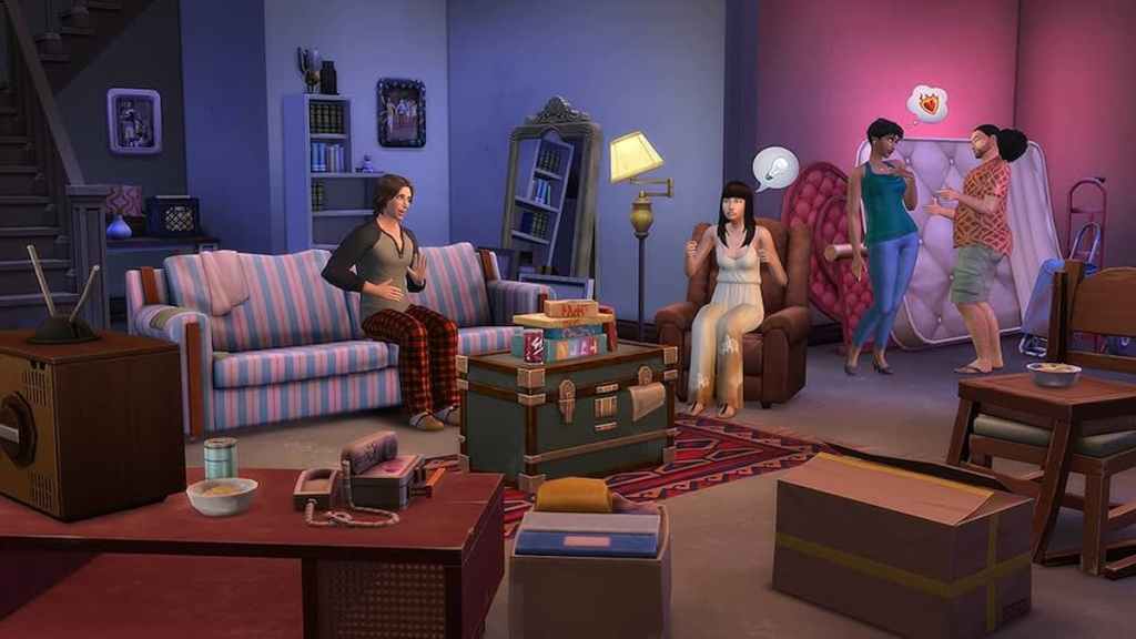 Sims hanging out in a basement