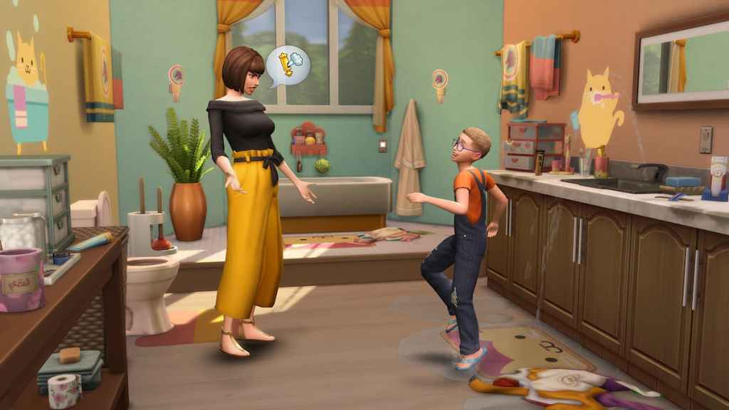 A Sim scolding a child in a messy bathroom