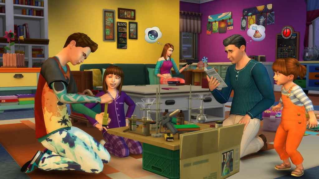 Sims doing a science experiment with their kids