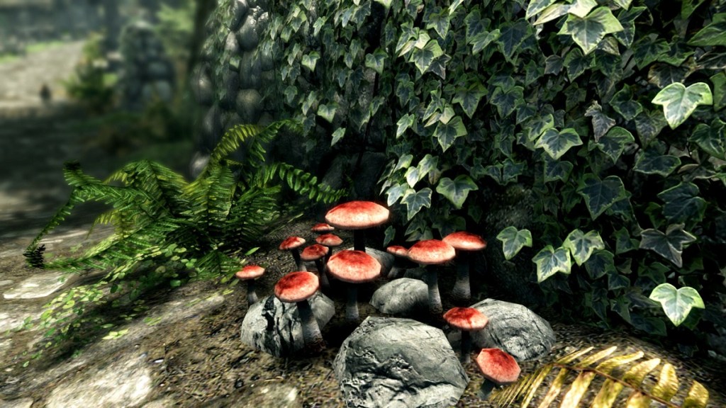  a close-up of some red-capped mushrooms against some greenery.