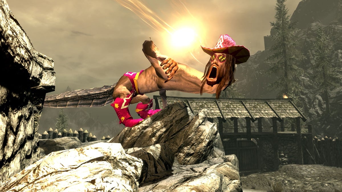 Skyrim: a creepy image of a dragon that's been transformed into the wrestler Macho Man Randy Savage.