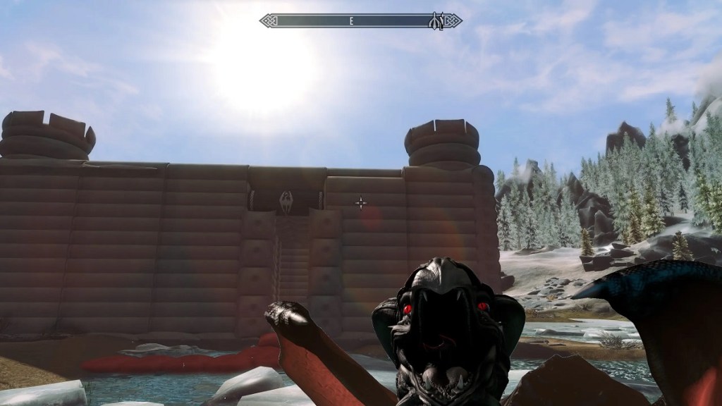 Skyrim: a large fort made out of pillows sits in the near distance.