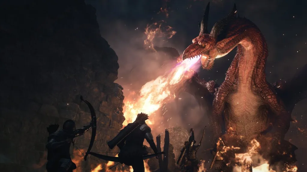 Promotional Dragon's Dogma 2 image of a dragon spitting fire at soldiers.