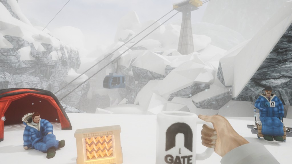 The protagonist and two co-op players drinking coffee on a snowy mountain