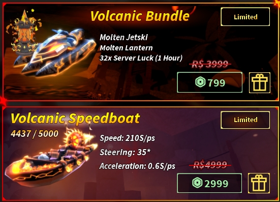 Volcanic Bundle and Volcanic Speedboat limited offers in Roblox Fisch