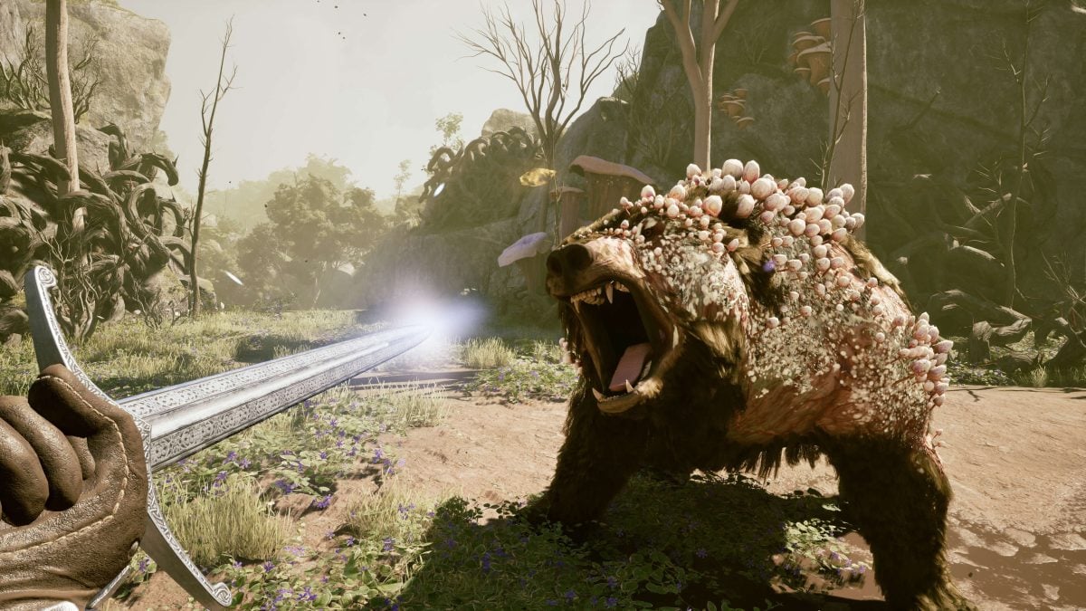 Promotional Avowed image of the player fighting a bear with Dream Plague.