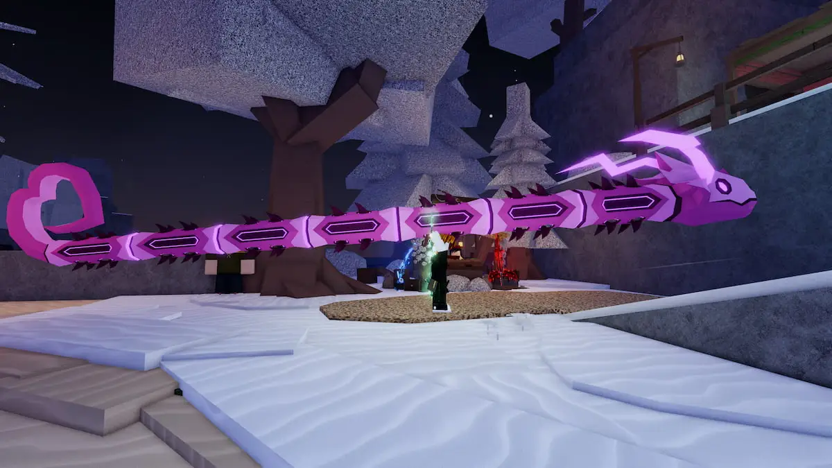 Lovestorm Eel from Roblox Fisch, one player is holding it over his head