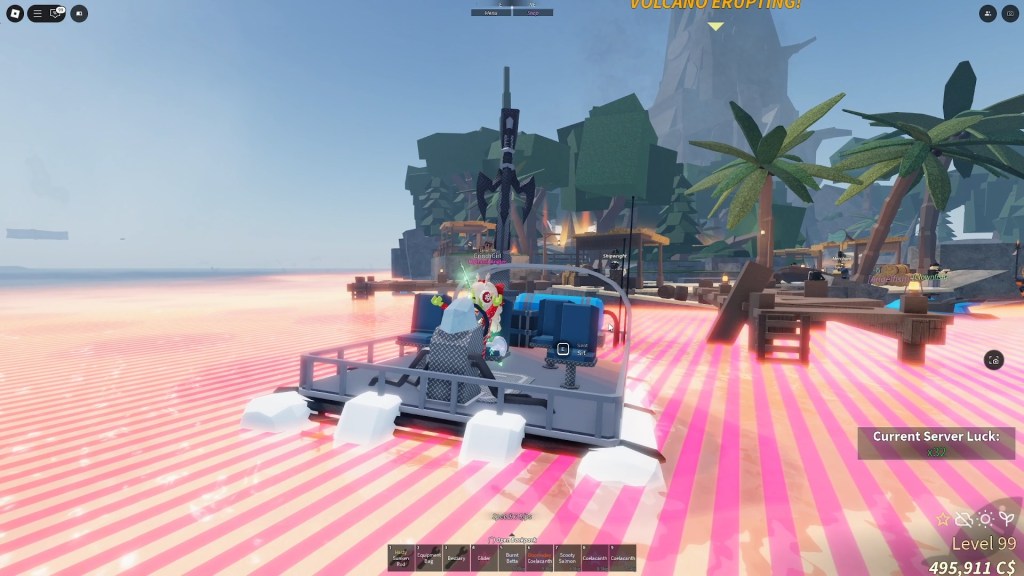 A Roblox player is riding the nw boat in Fisch Ashfall update