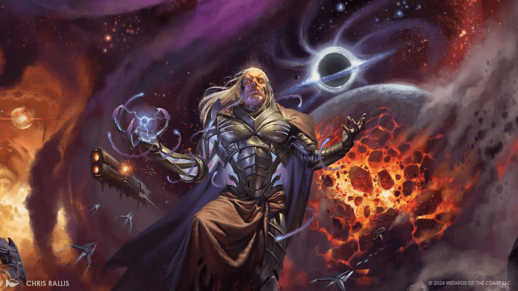 An image of a man with long, silver hair floating space. He's wearing silver armor adorned with brown fabric, and performing magic with his right hand. In the background is a collapsing planet seemingly being swallowed by a black hole.