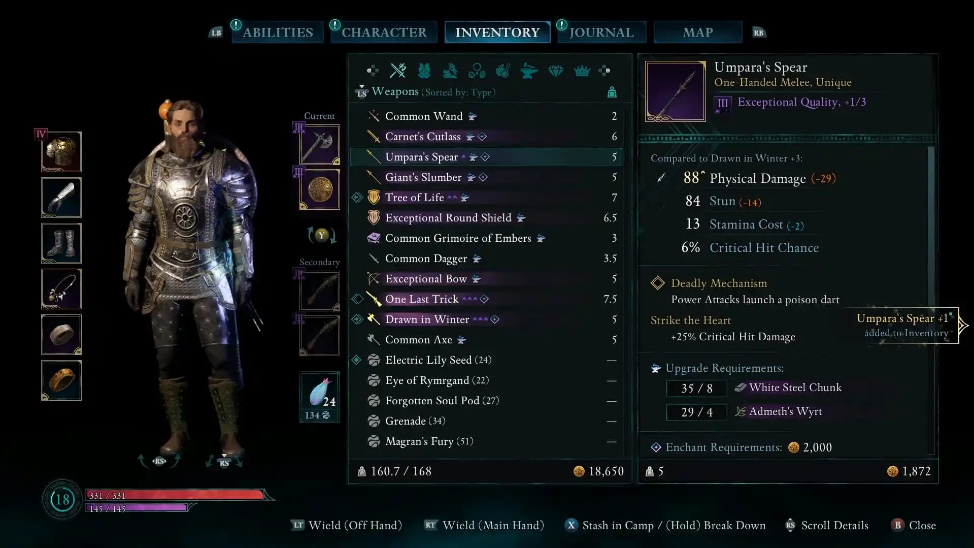 The Umpara's Spear stats in the inventory screen in Avowed