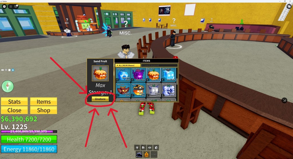 The option to Unstore a Fruit in your Blox Fruits inventory