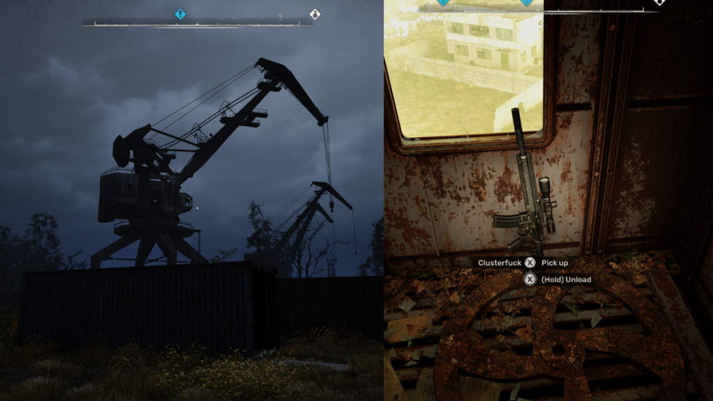 Dual image of the outside and inside of a massive construction crane, located in the Port Cranes area of the Zaton region in Stalker 2.