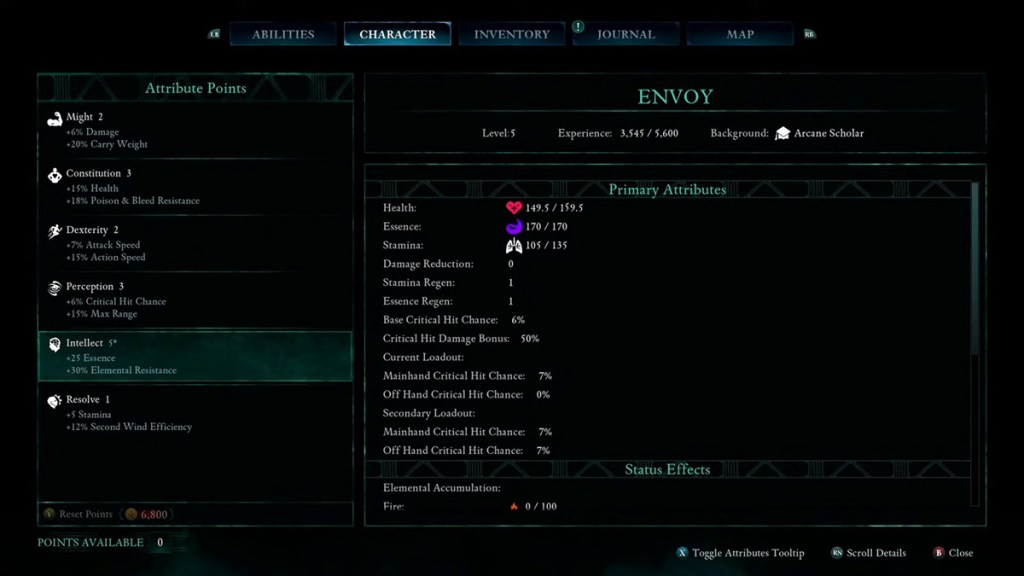 Attributes page in Avowed