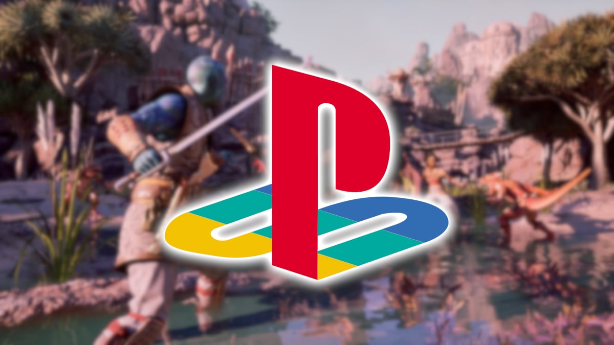 Avowed: a highlighted PlayStation logo with a blurry image of Kai in the background getting ready to fight.