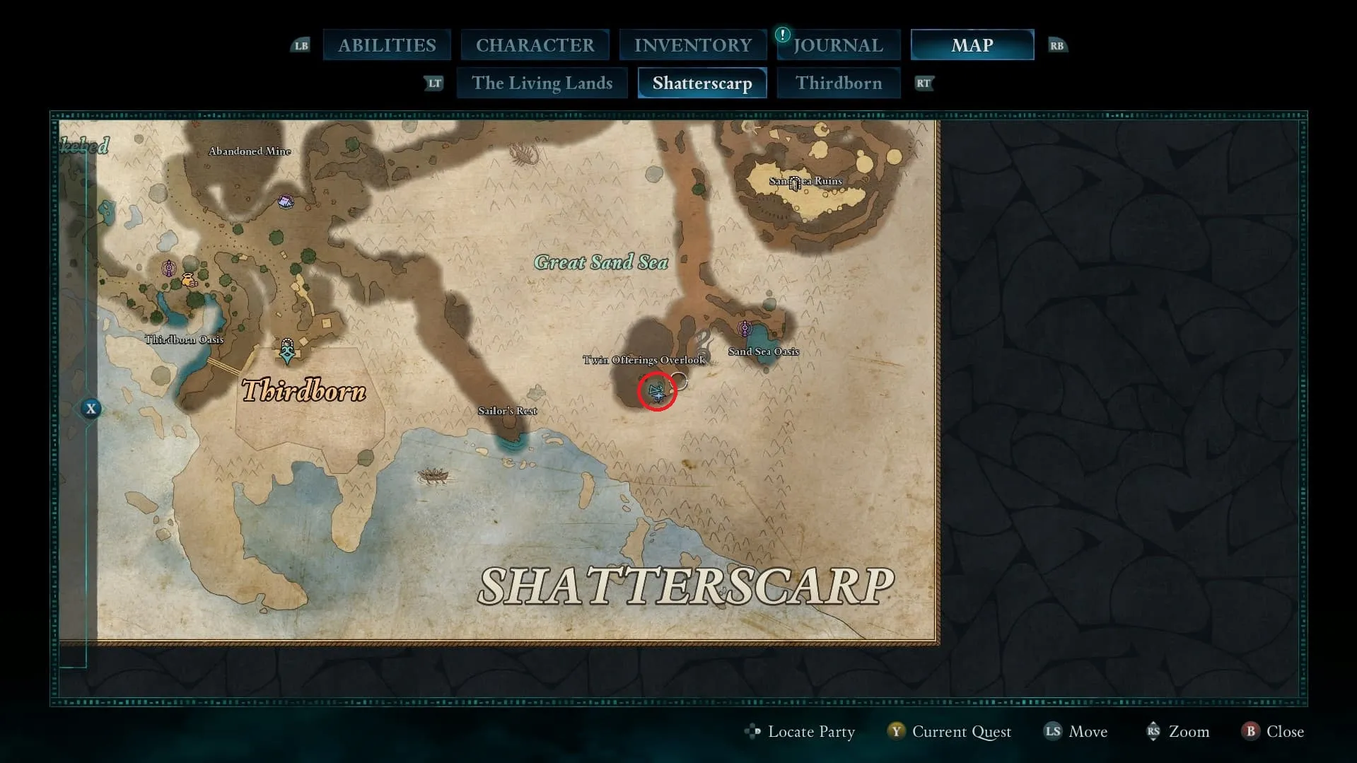 The map location of The Voice's ancient memory in the Shatterscarp region in Avowed