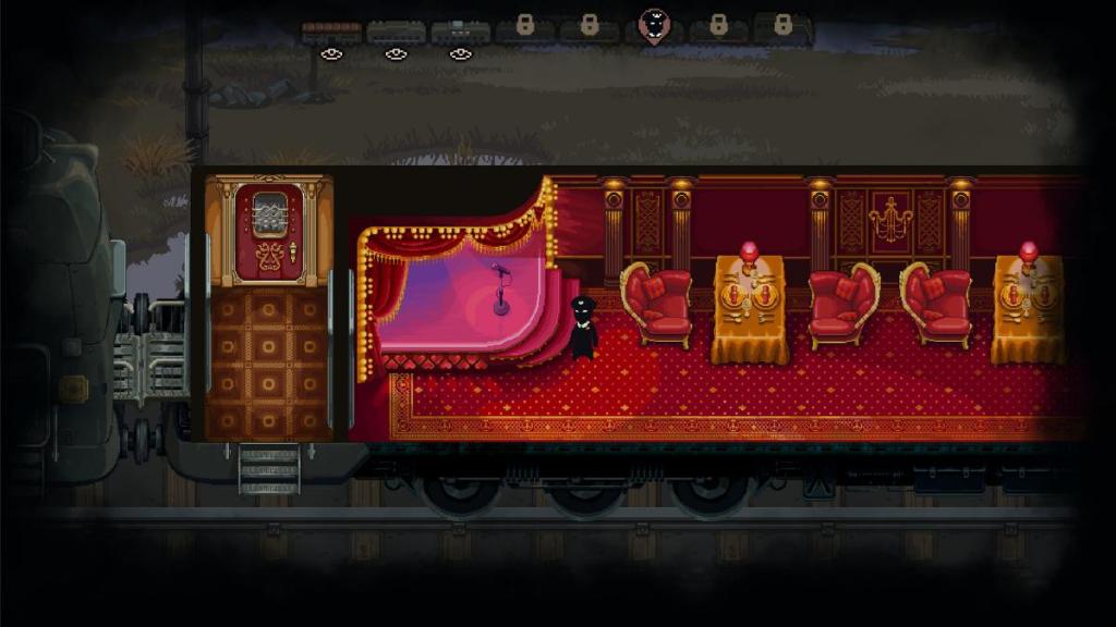 A fancy red and gold cab inside a train in Beholder: Conductor.