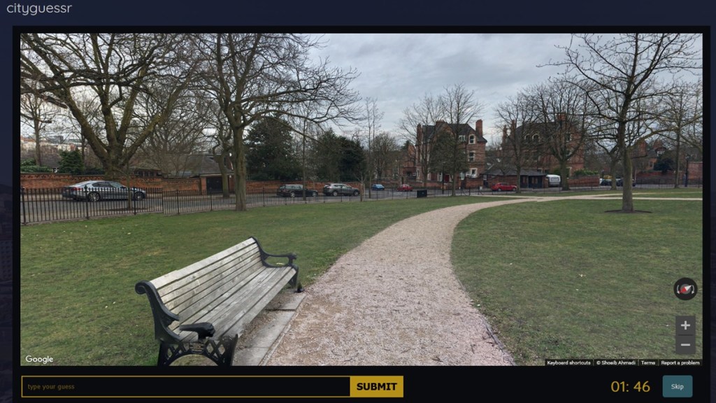 A bench in a park in Cityguessr