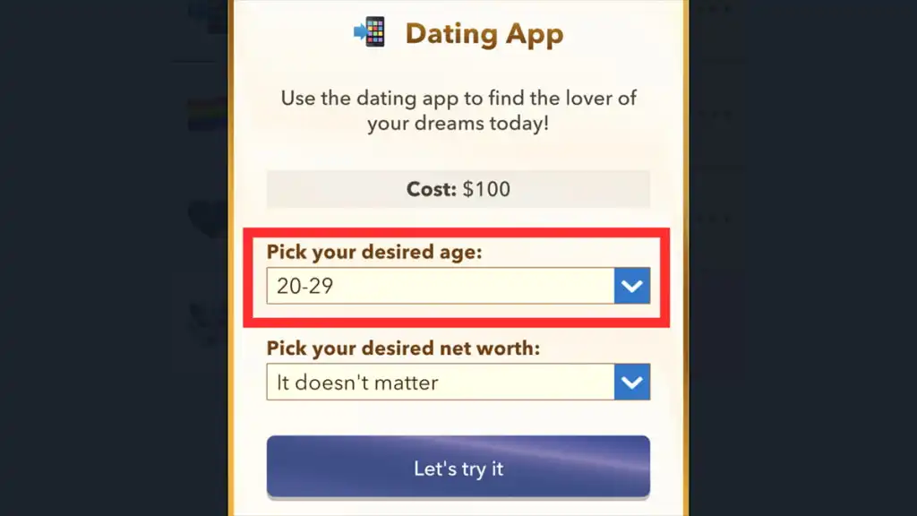 BitLife dating app age option