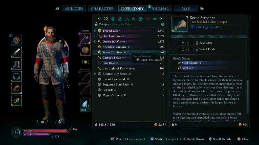 the inventory screen showing a unique weapon that can be broken down for Adra in Avowed