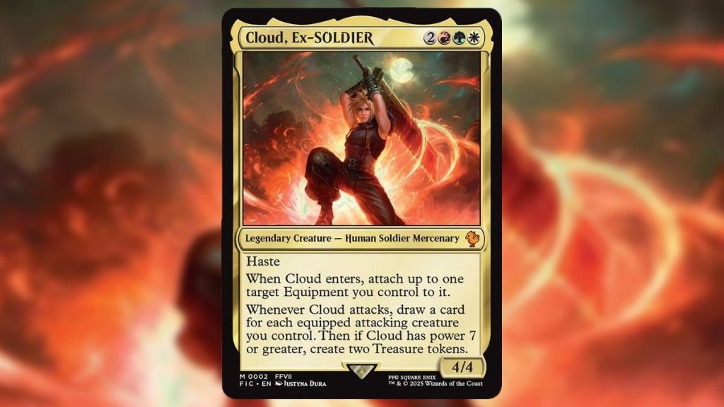 The Magic: the Gathering card Cloud, Ex-SOLDIER on a blurry background.