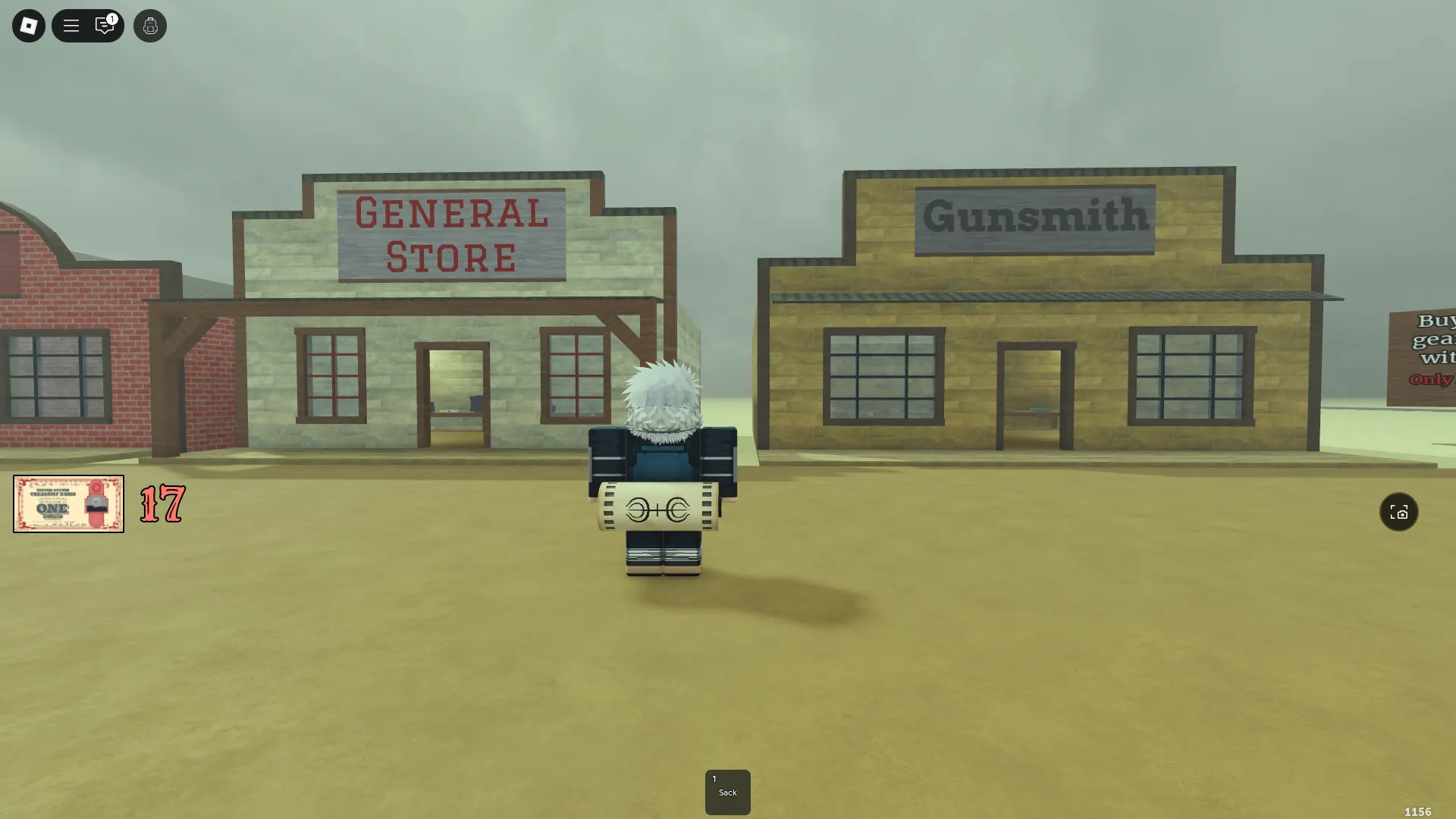 A player looking at the General Store and the Gunsmith in the lobby of Dead Rails Roblox experience