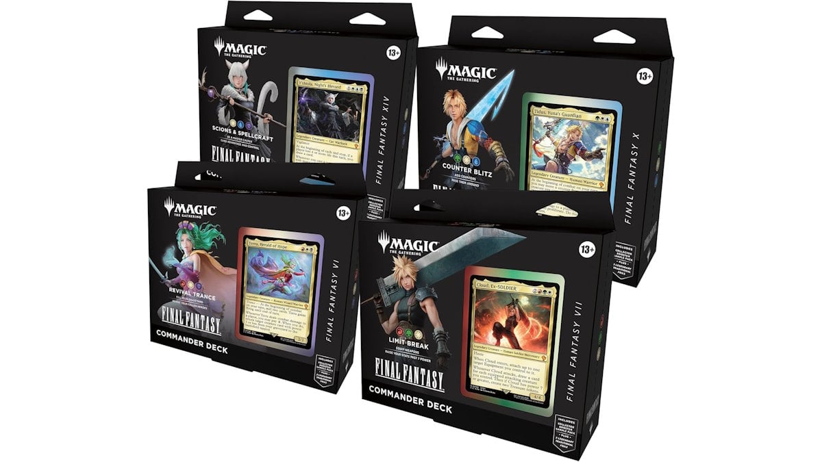 The four Final Fantasy Magic: the Gathering commander decks.