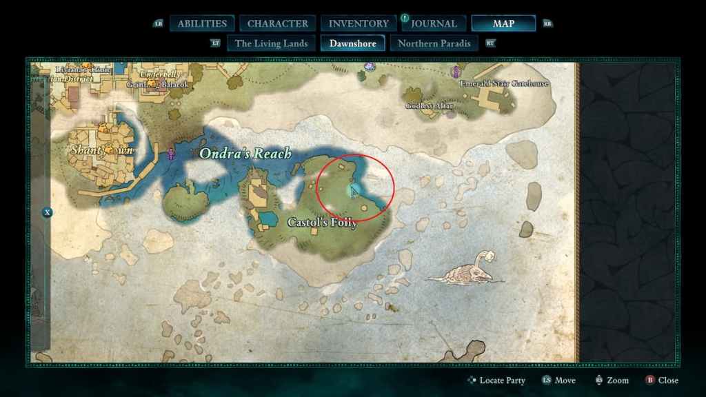 Screenshot of the Castol's Folly map in Avowed showing the Golden Flames location.