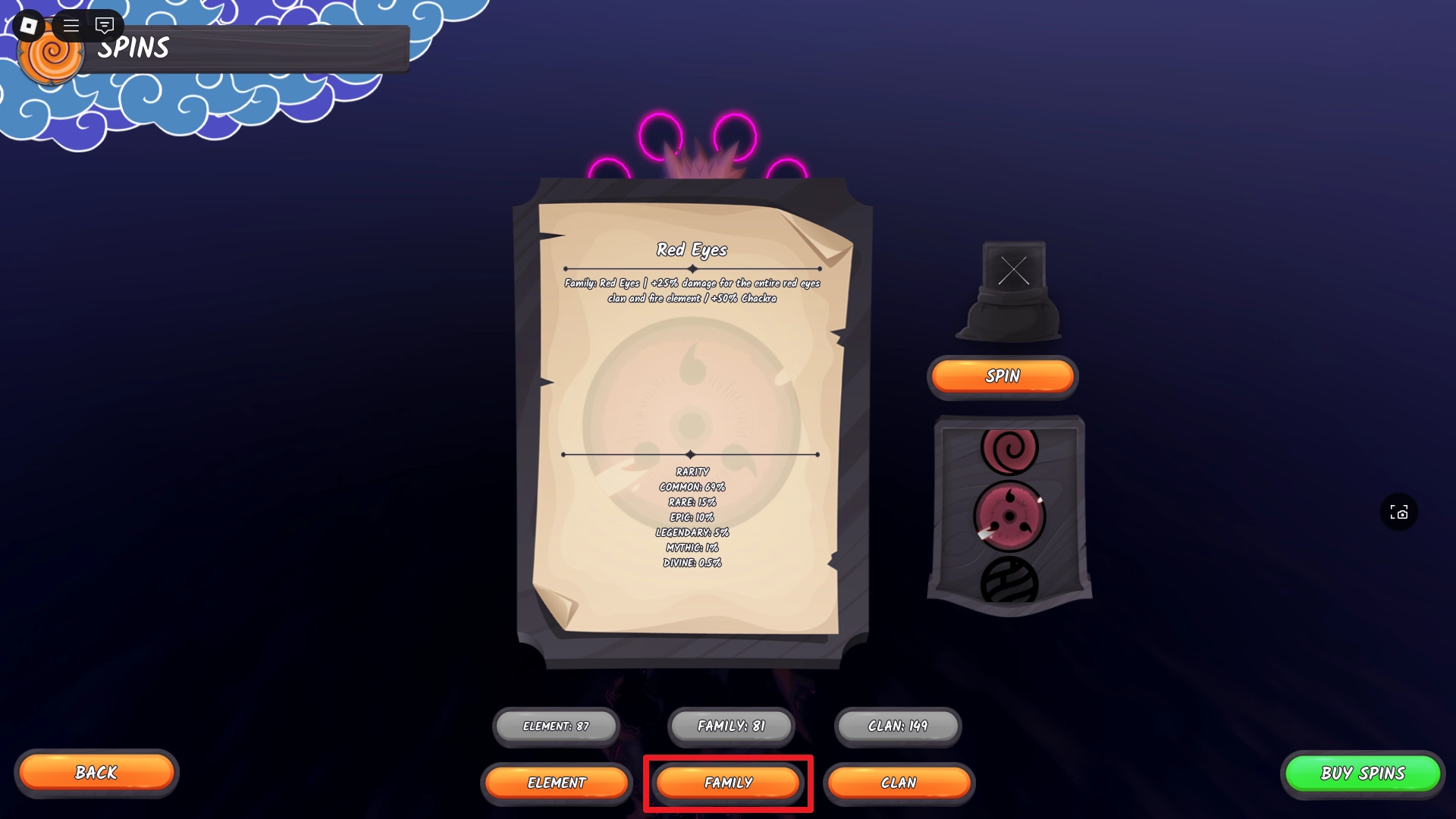 Preview of the Spin Family menu in Ninja Time Roblox experience