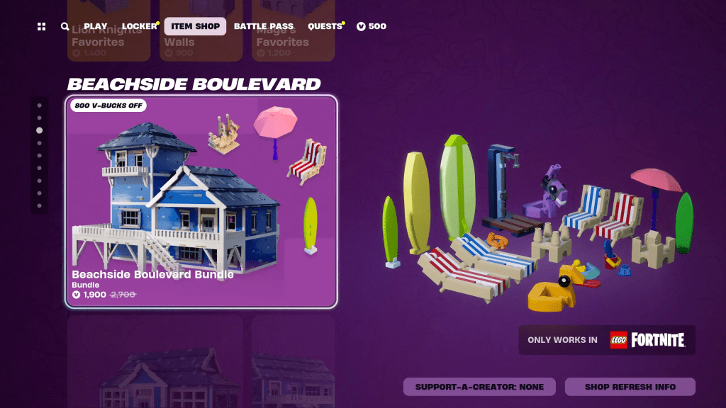 The LEGO Fortnite Shop highlighting the Beachside Boulevard Bundle for 1,900 V-Bucks.