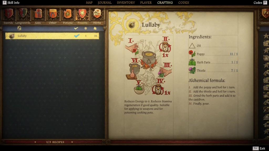 Kingdom Come Deliverance 2 - How to get and use poison - Poison recipe in the crafting menu