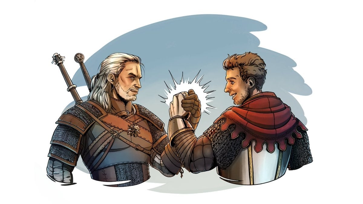 A drawing showing Geralt from The Witcher and Henry from Kingdom Come: Deliverance shaking hands.