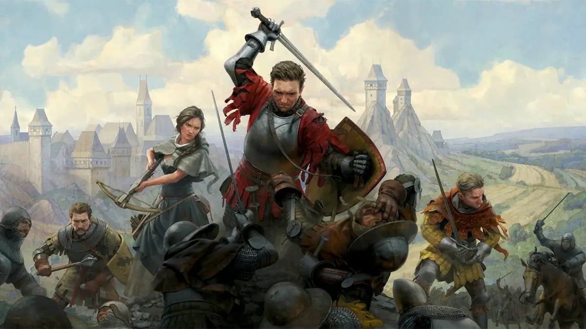 Kingdom Come: Deliverance 2: Knights and other medieval fighters take on a horde of attackers, as a town can be seen in the far distance.