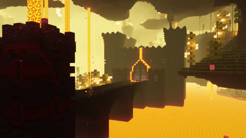 Minecraft: a wide-angle shot of an End Fortress that stretches into the distance, with bright lava underneath,