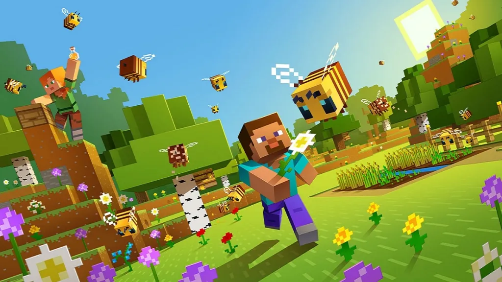 Minecraft 2025: Steve runs through a meadow with bees, while Alex climbs up the side of a small hill.