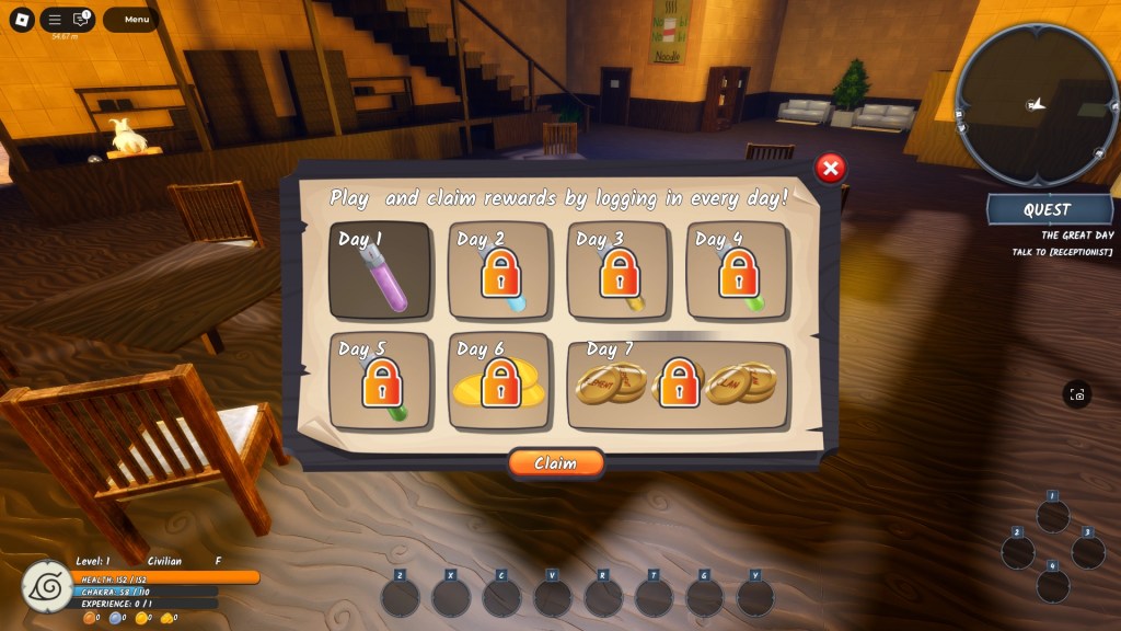 Preview of the daily rewards you get after loging in for 15 minutes each day in Ninja Time Roblox experience