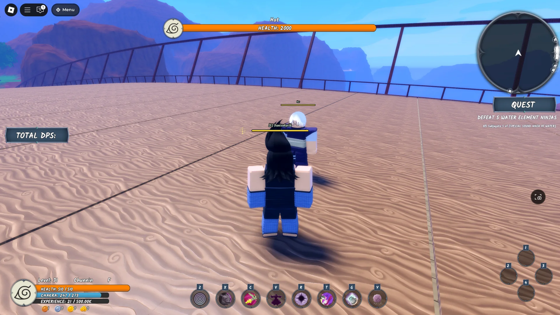 A player standing next to the Hat Boss on Kibuto's Bridge in Ninja Time Roblox experience