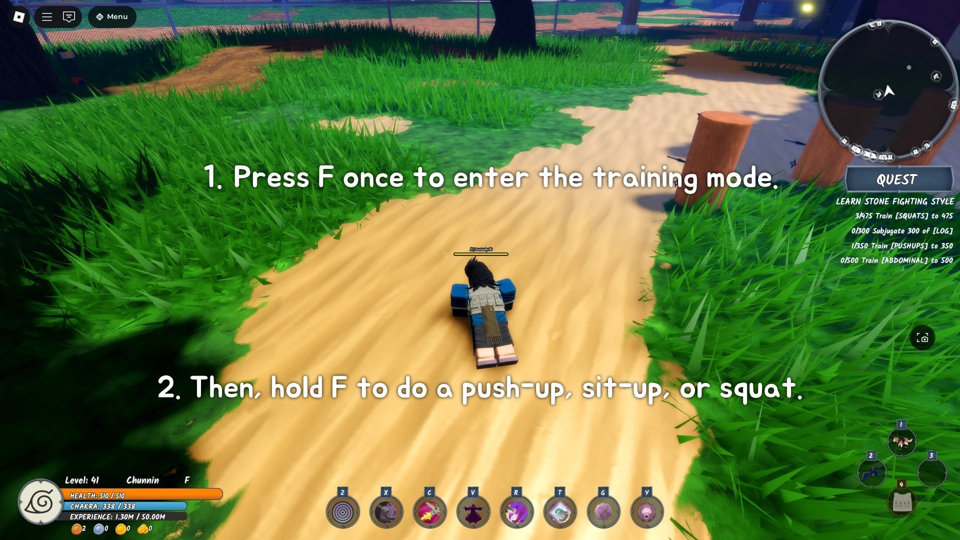 A tutorial on how to use weights to train in the Ninja Time Roblox experience by pressing the F key, and then holding the F key to do a push-up, sit-up, or a squat