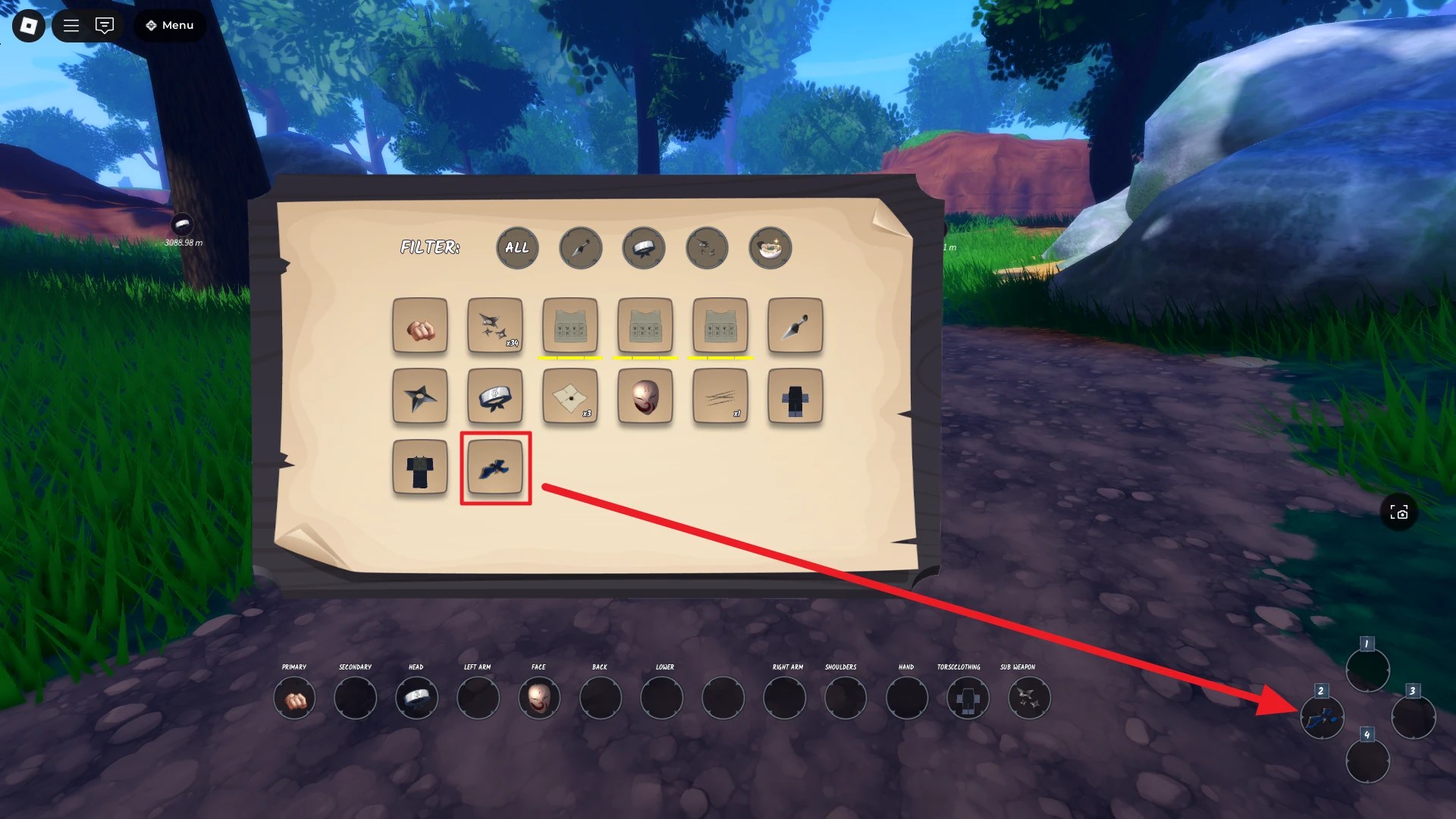 A tutorial on how to equip a mount to your hotbar in the Ninja Time Roblox experience