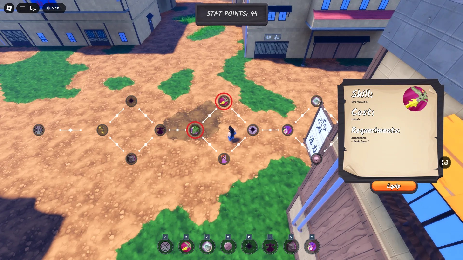 Preview of the skills that let you summon mounts in the Purple Eyes Clan's Skill tree in Ninja Time Roblox experience