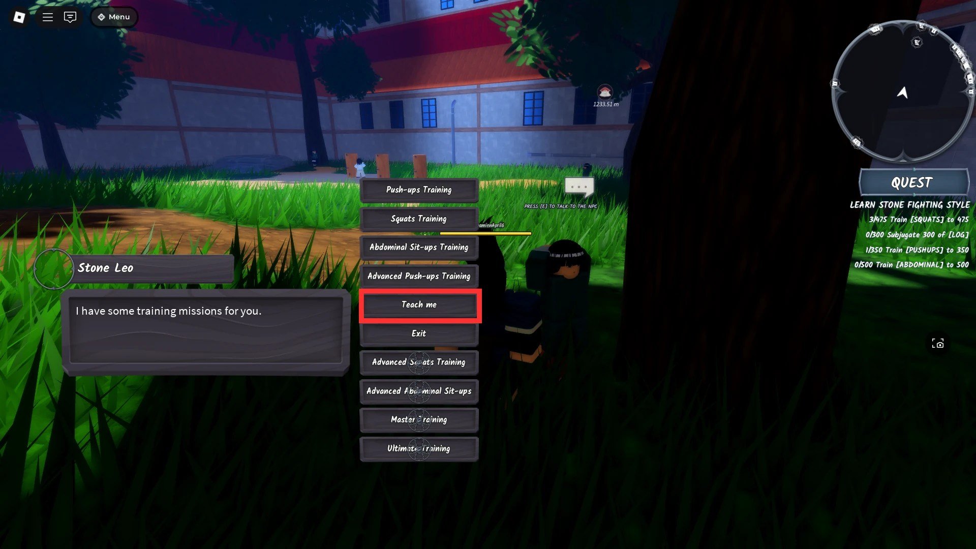 Location of the Stone Leo NPC under a tree in the Ninja Academy courtyard in the Ninja Time Roblox experience