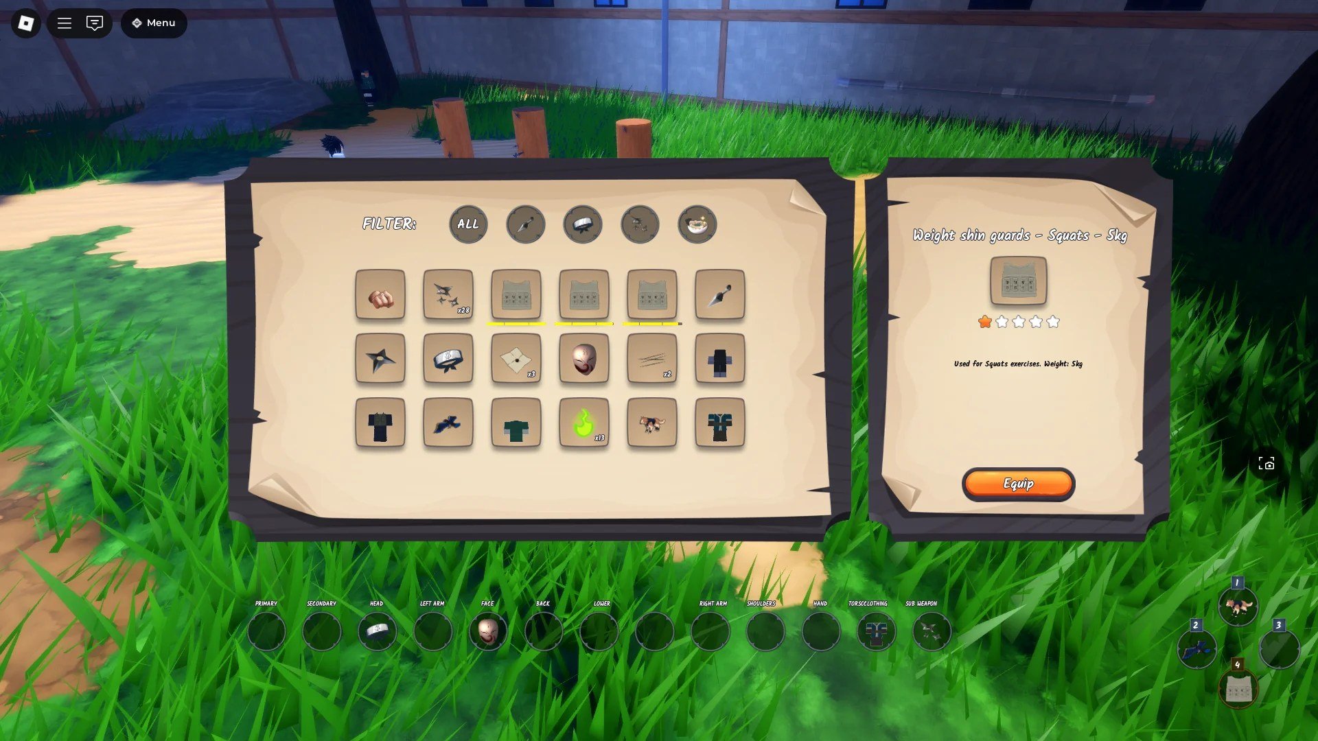 Preview of a players inventory with training weight in it in the Ninja Time Roblox experience